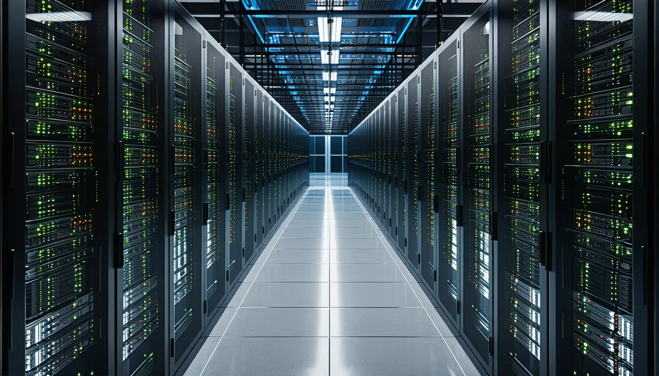 Secure server room with blue LED lighting and security systems