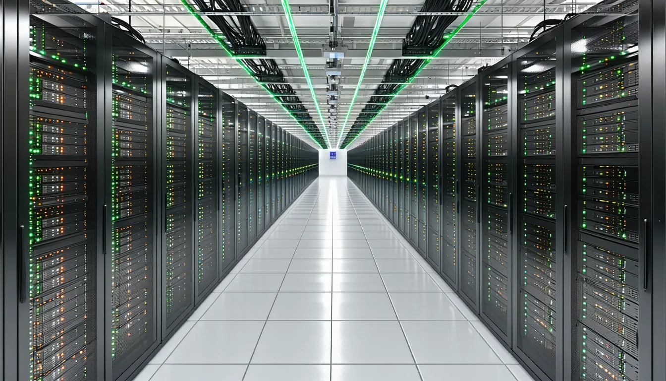 Data center aisle with organized server racks and blue indicator lights