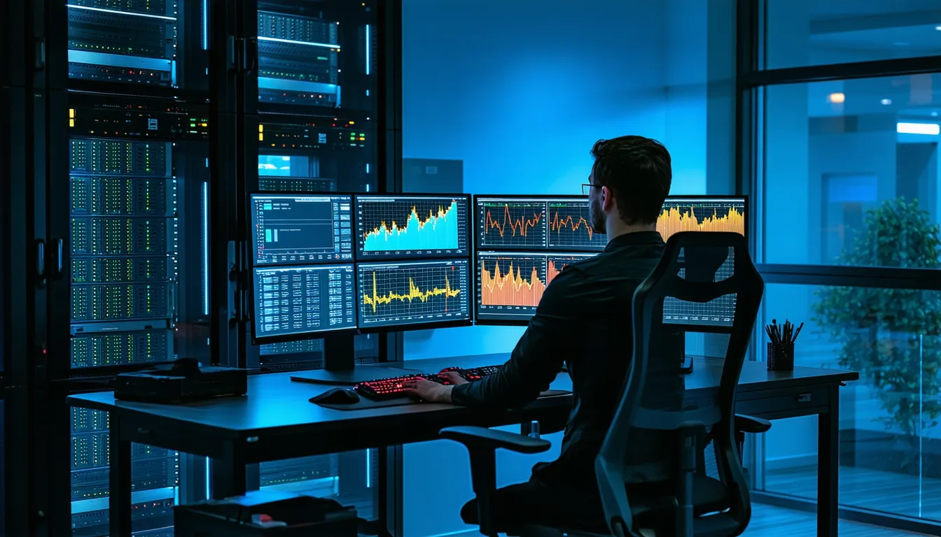 IT operations center with network monitoring dashboards
