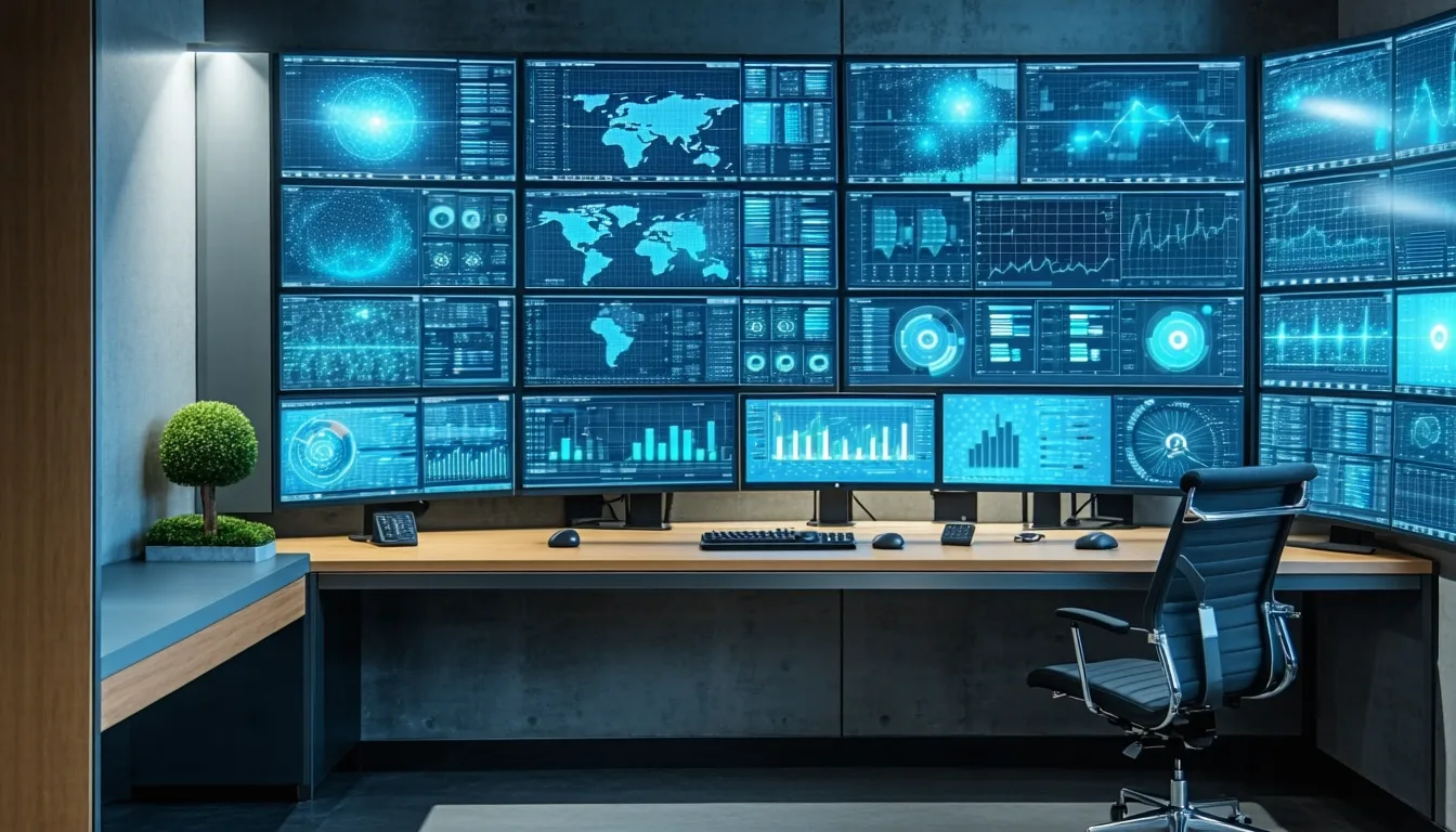 Property manager at building management security dashboard in modern organized office
