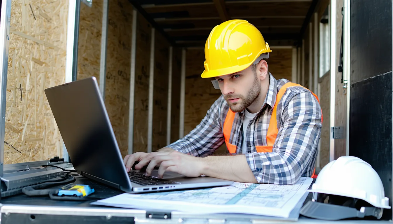 Construction foreman reviewing project files on rugged tablet at a job site with digital backup indicators