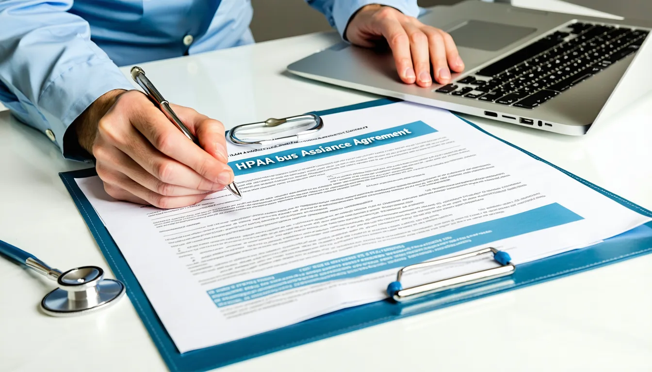 Medical practice administrator reviewing business associate agreement documentation on tablet in clinical office