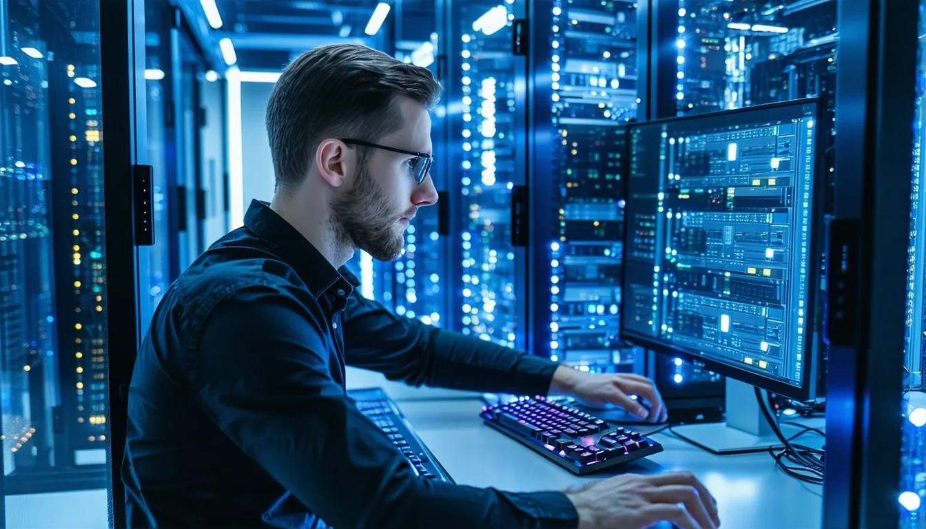 Small business owner at standing desk with secure IT setup in a modern open-plan Northern Virginia office