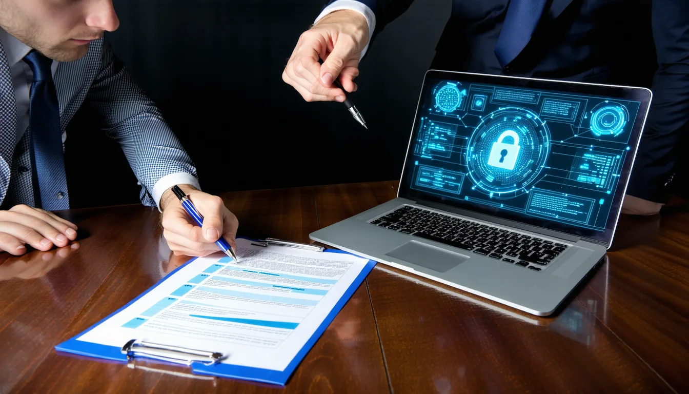 Attorney reviewing cybersecurity audit documentation at a secure workstation in a modern law office