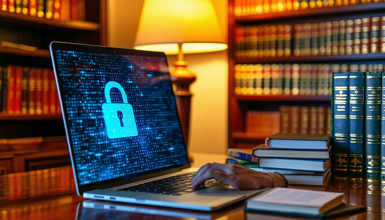 Attorney working securely from home office with encrypted laptop and secure communications