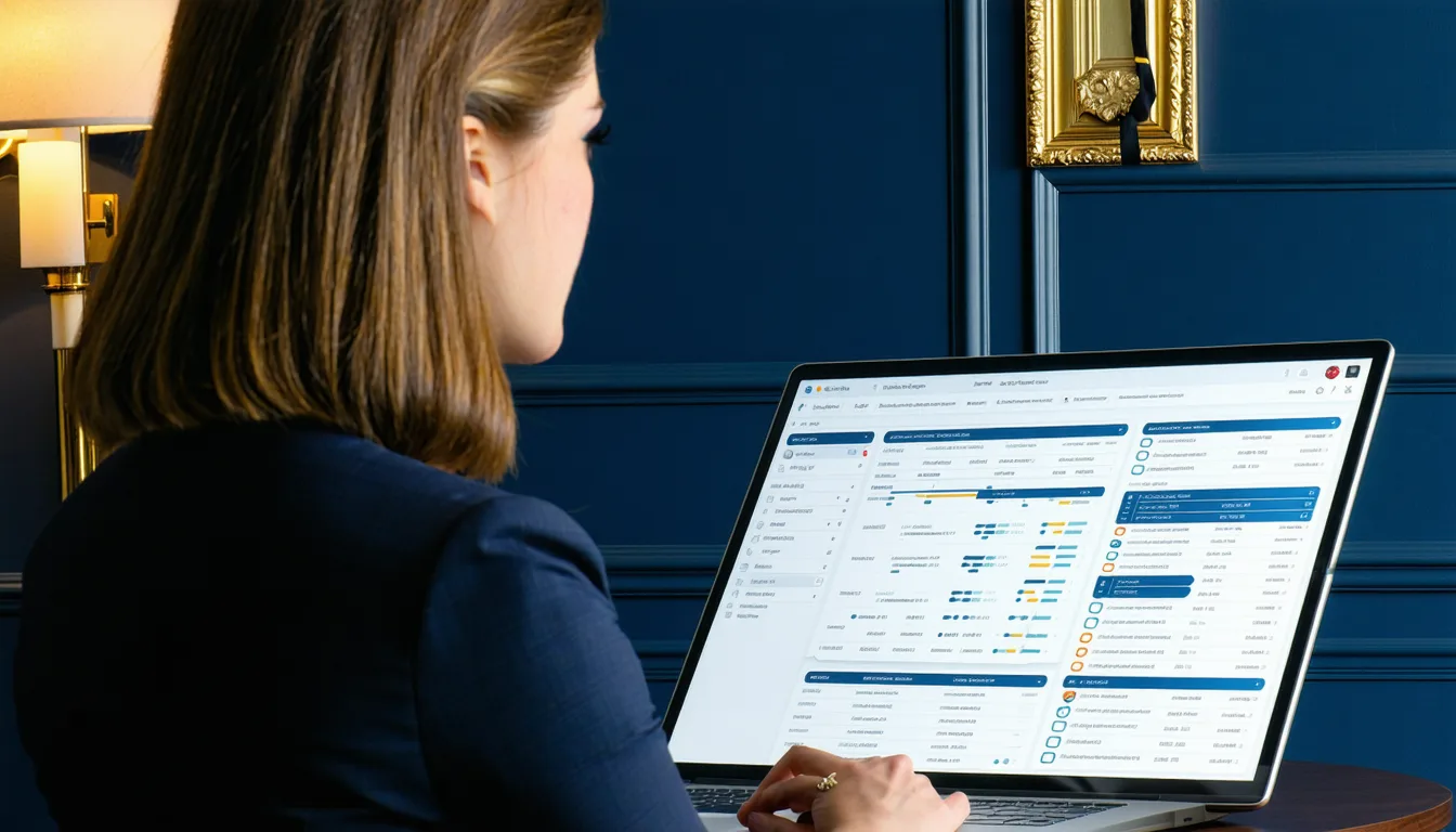 Wealth management office with secure dual-monitor workstation displaying incident response dashboard in navy and gold environment