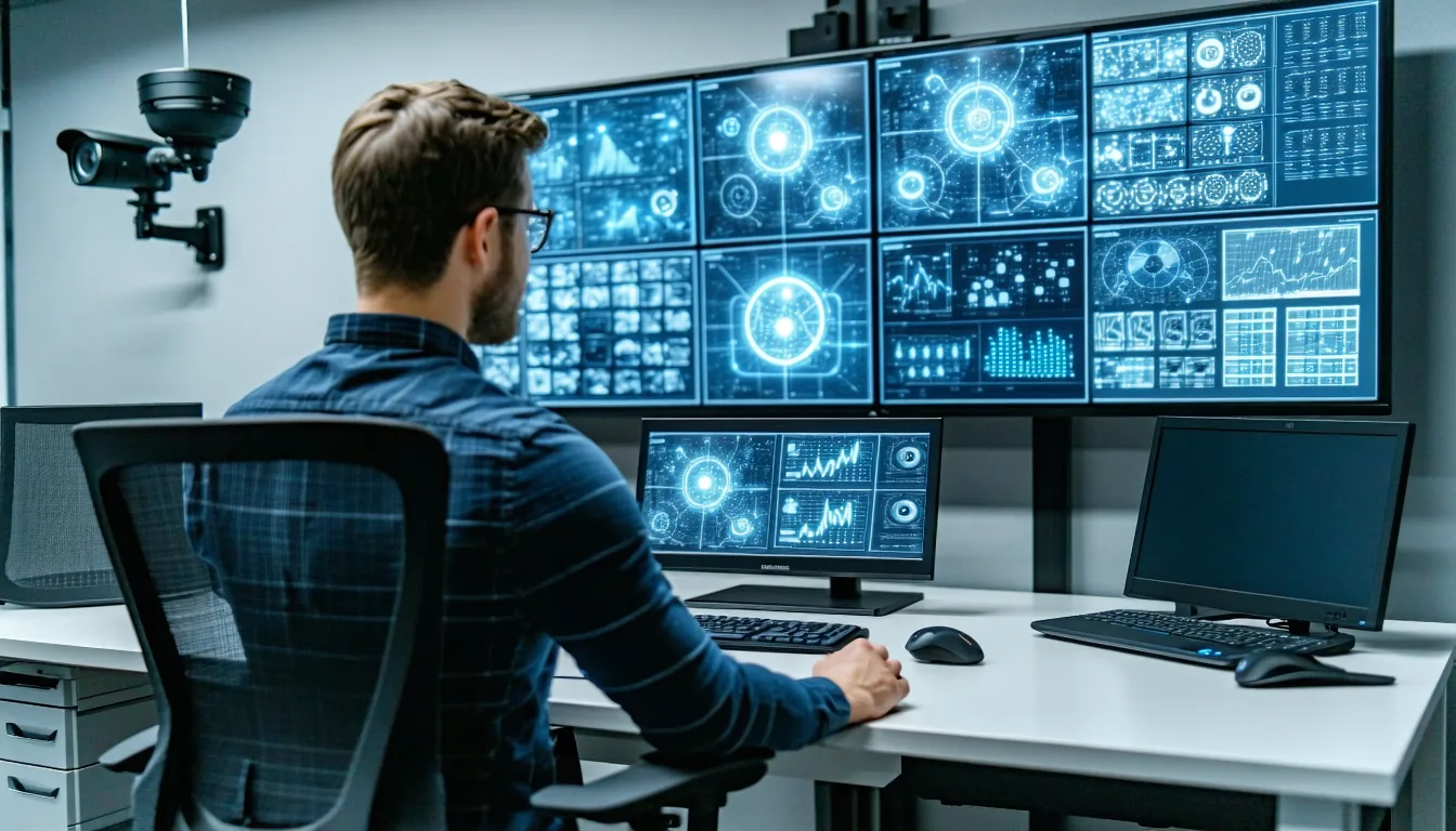 Property manager at building management dashboard reviewing IoT device security status in modern office