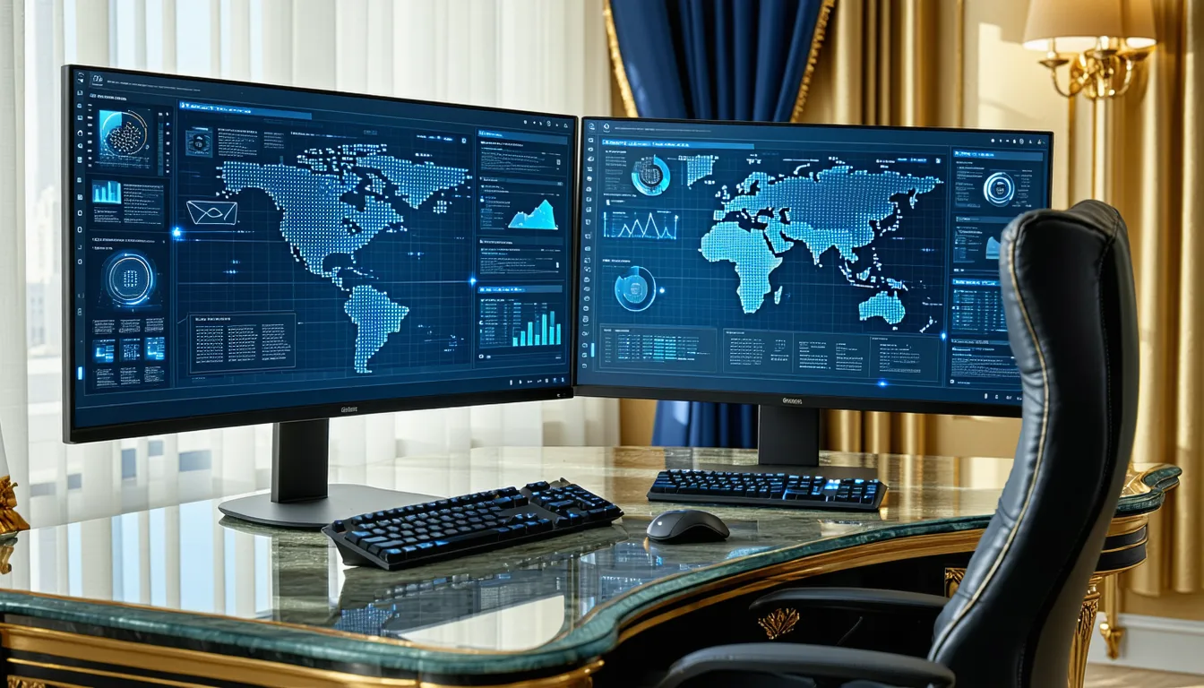 Wealth manager at secure dual-monitor workstation in professional navy and gold office